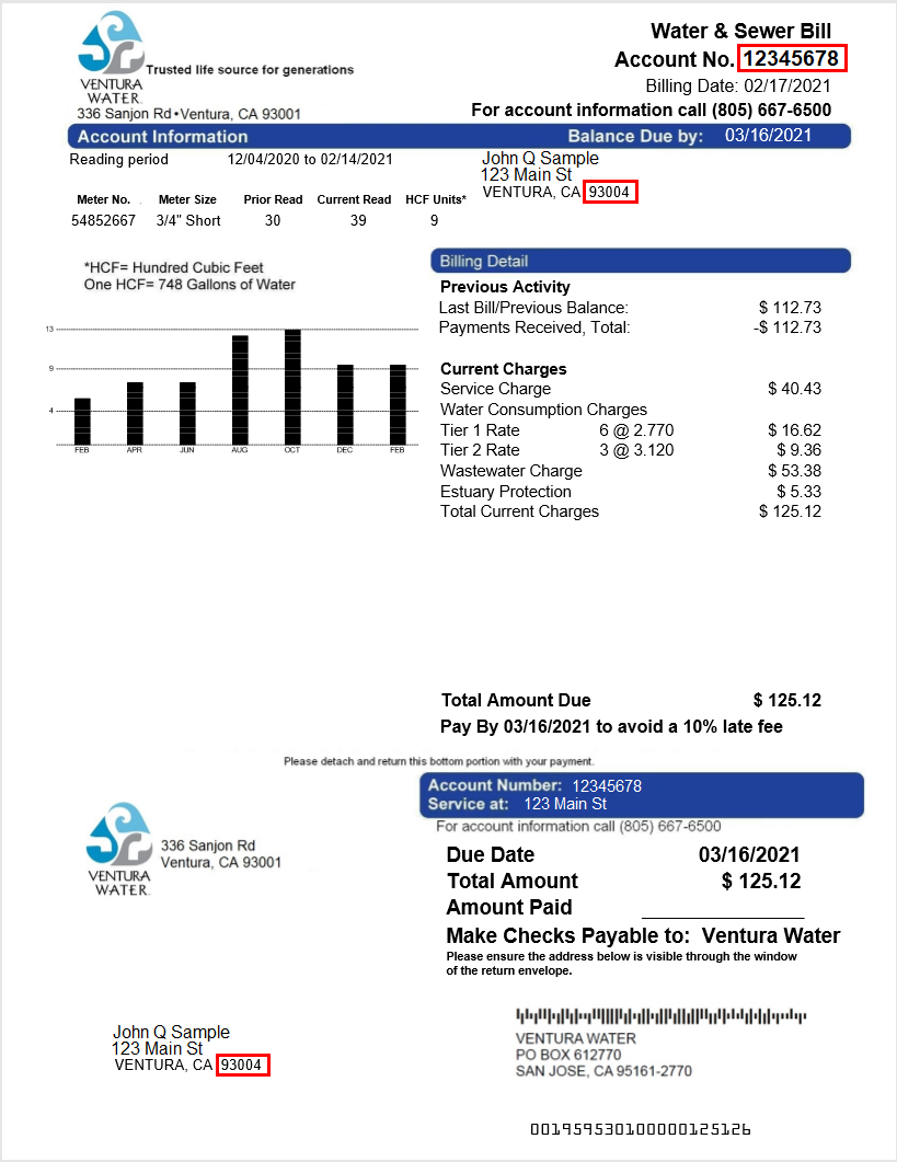 You can find your account number and Zip Code on your bill as shown.